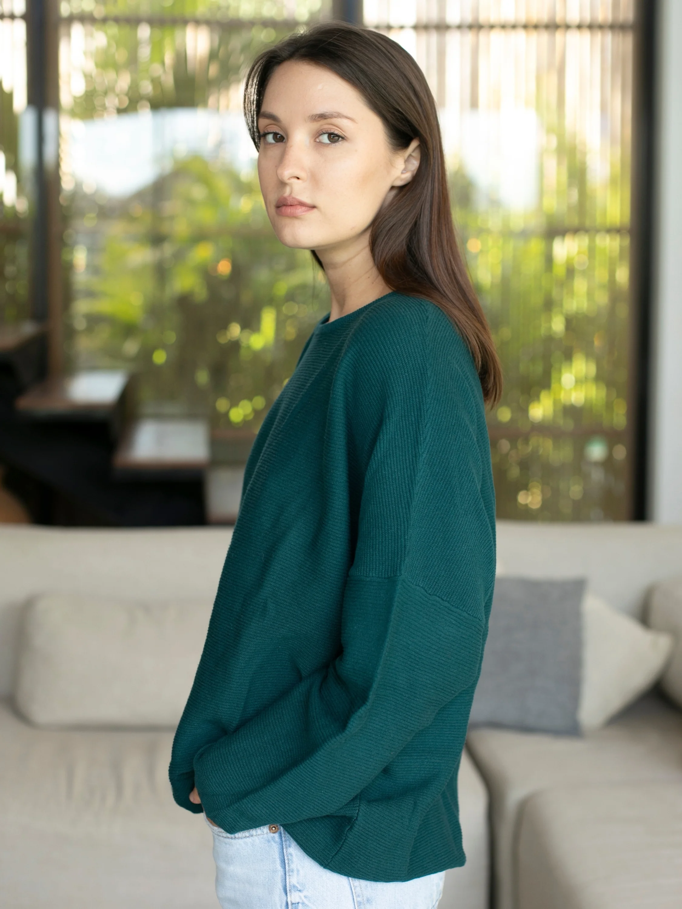 Sara Easy Rib Crew in Pacific Teal