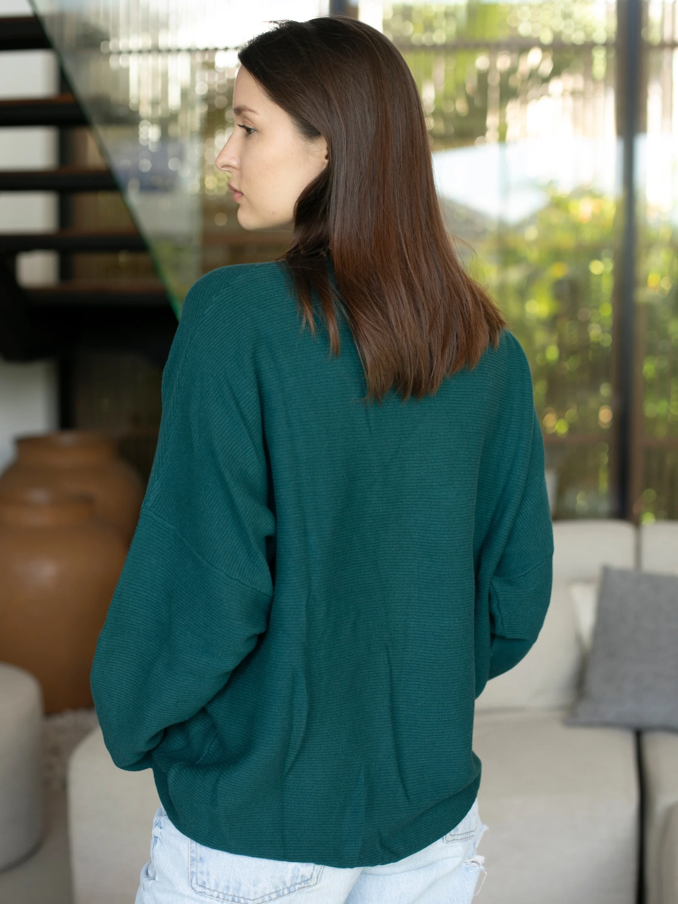 Sara Easy Rib Crew in Pacific Teal