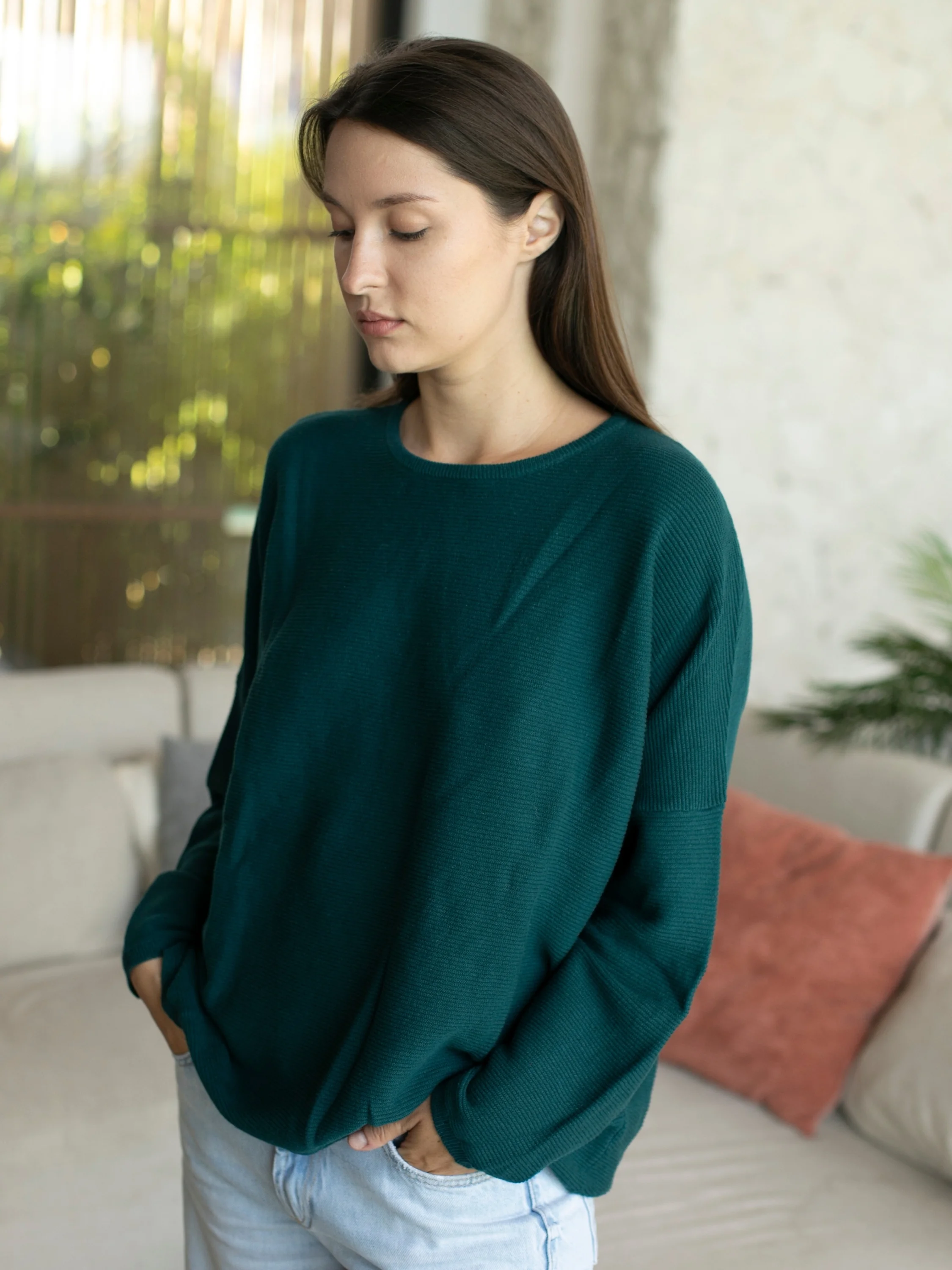 Sara Easy Rib Crew in Pacific Teal