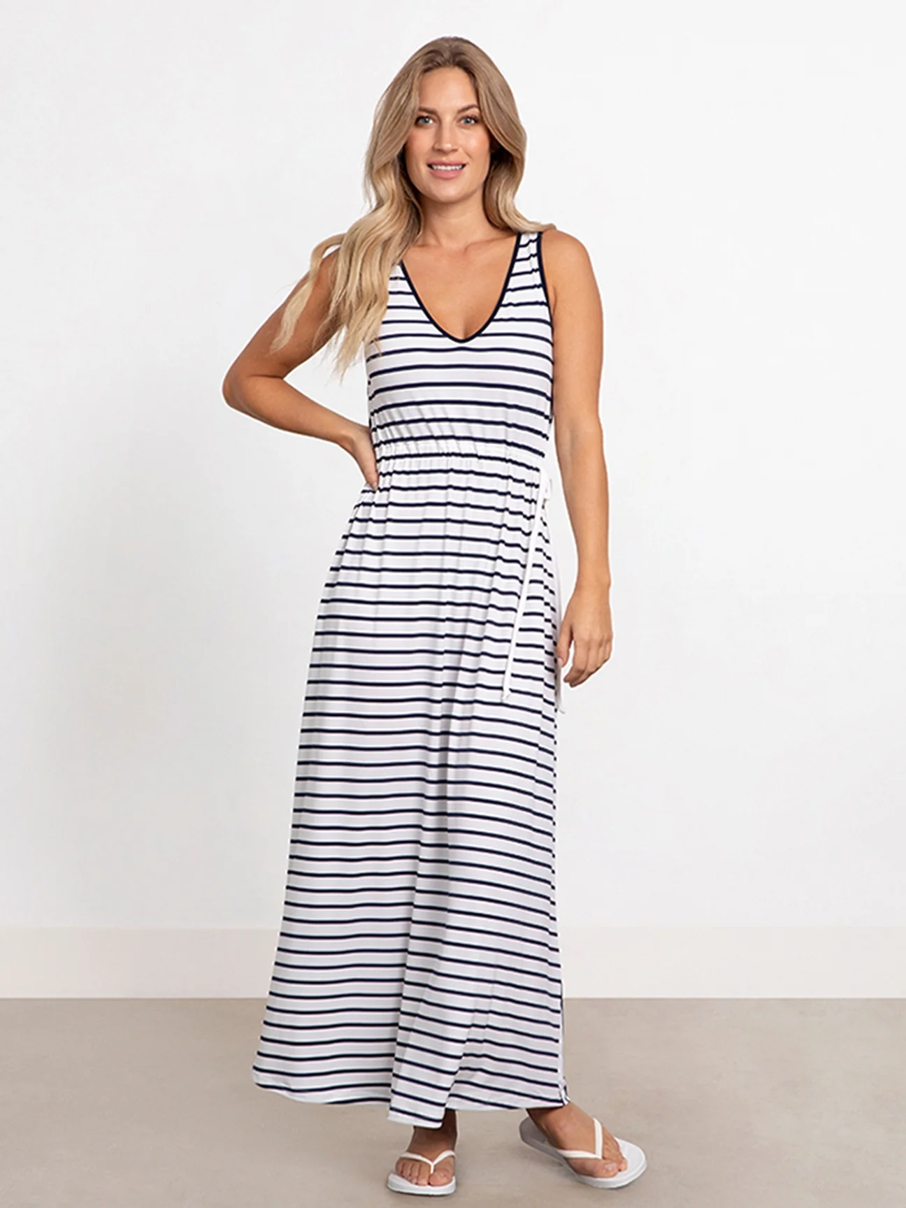 Stripe Sleeveless Reversible Tie Dress in Navy Stripe