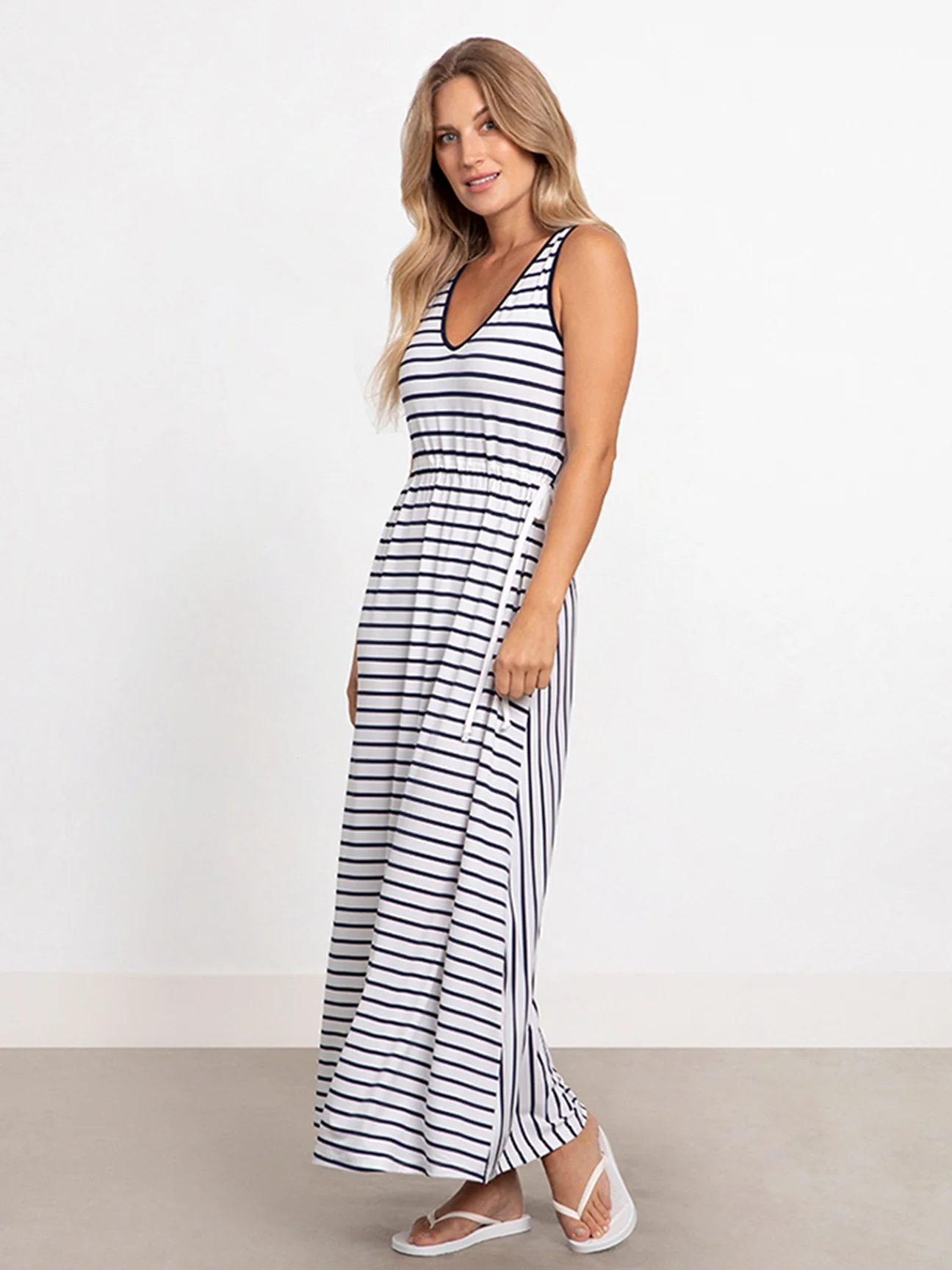 Stripe Sleeveless Reversible Tie Dress in Navy Stripe