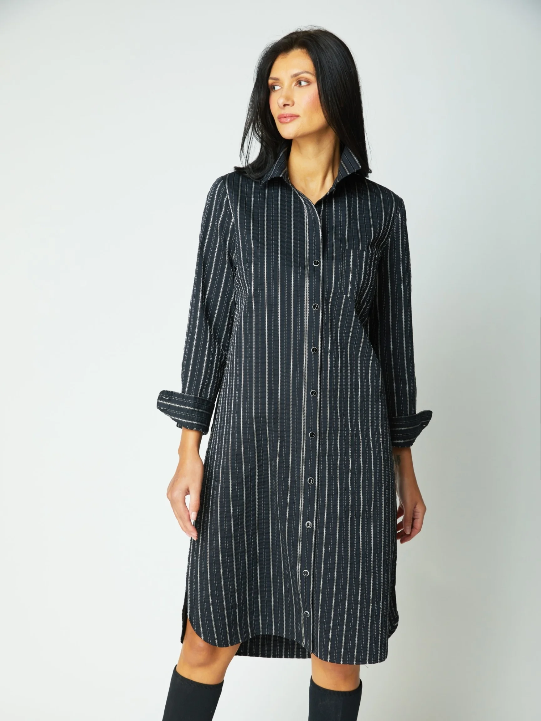 Stripes Cafe Midi Dress in Black
