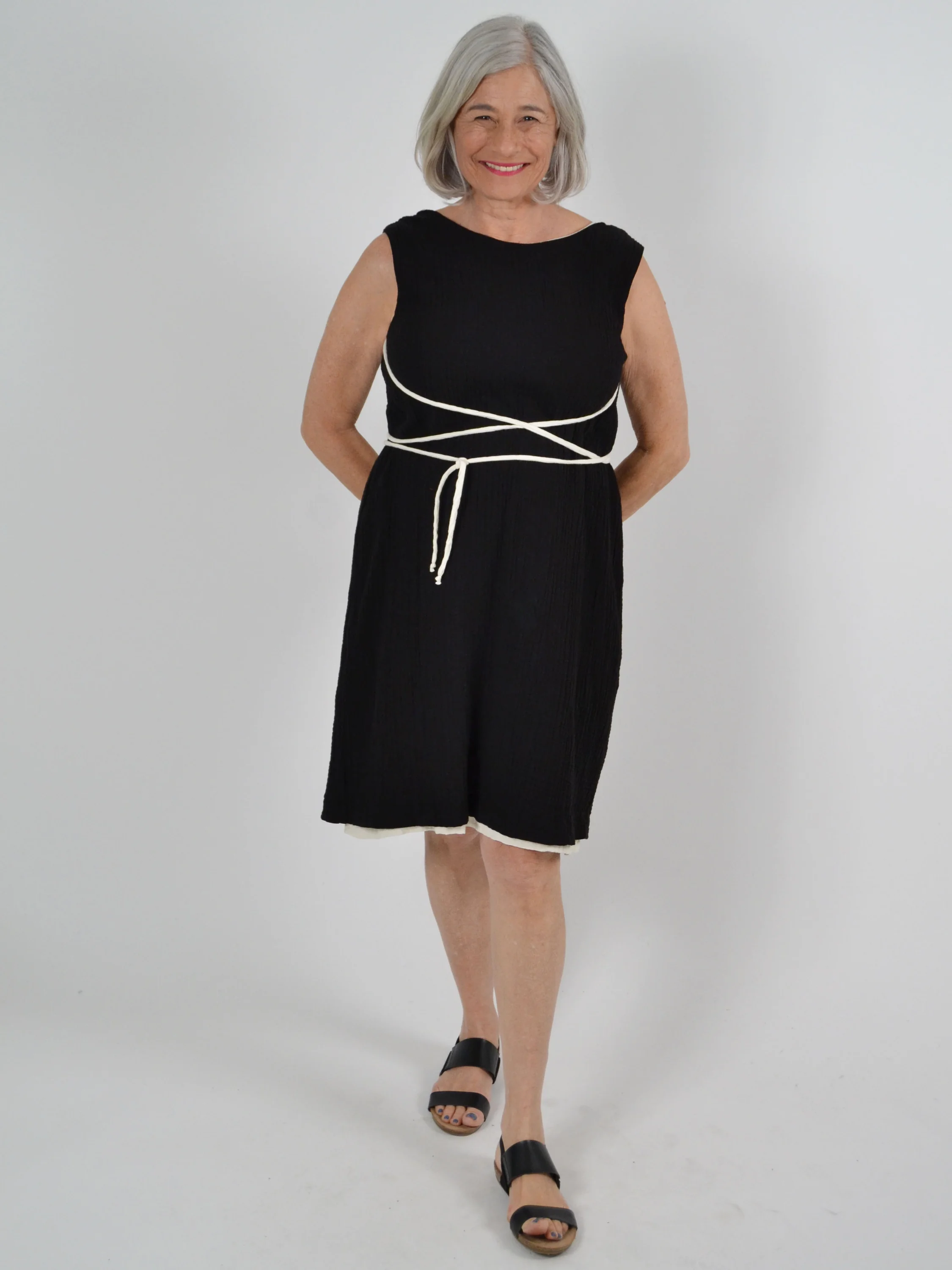 Tate Gauze Dress in Black/Oatmeal