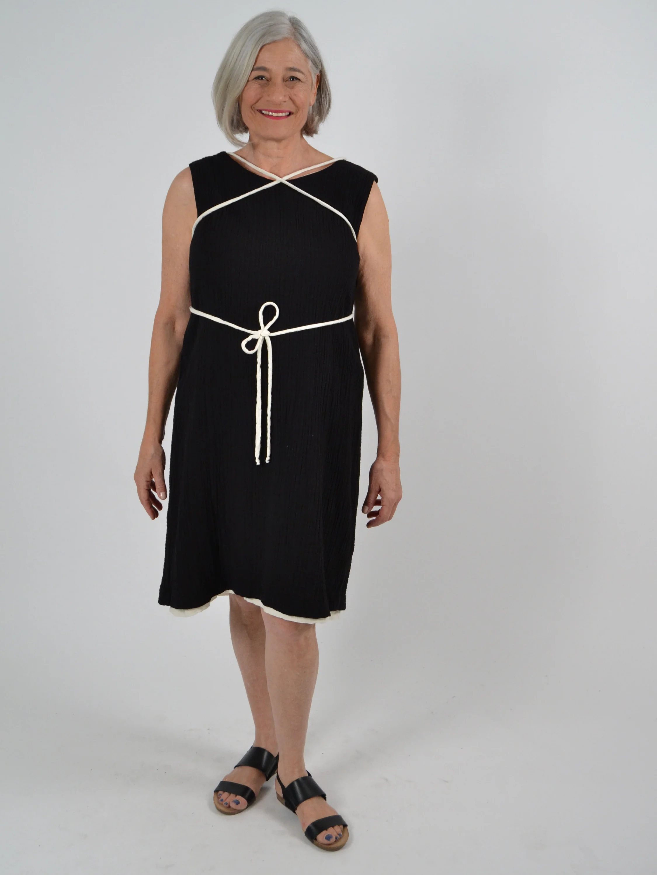 Tate Gauze Dress in Black/Oatmeal